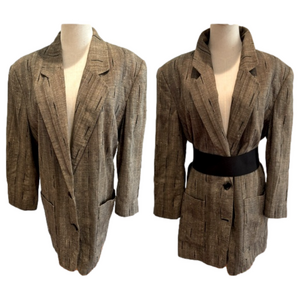 90s BOXY SILK & COTTON TAN & BLACK OVERSIZED BLAZER W GLASS ARTSY BUTTONS 12